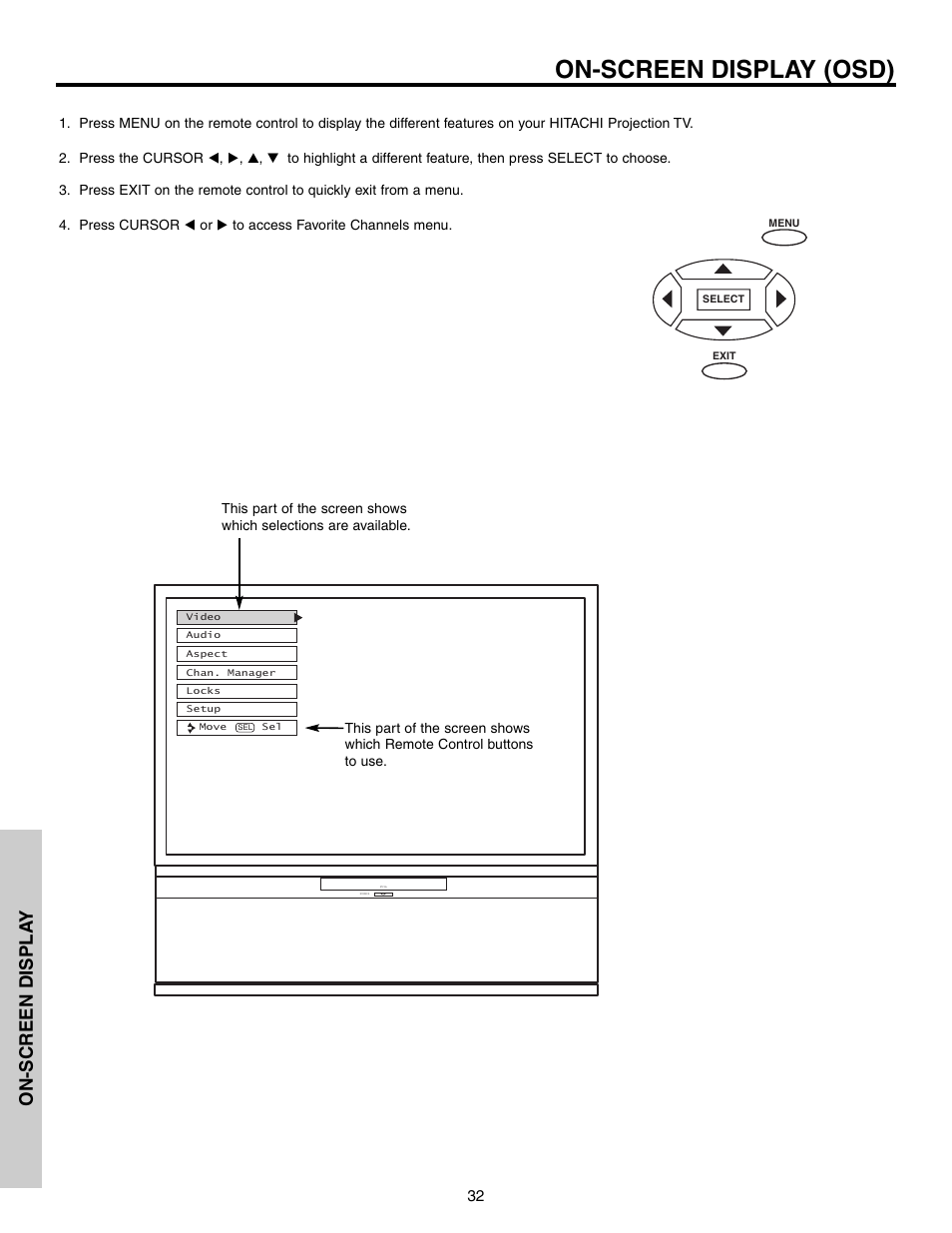 On-screen display (osd), On-screen displa y | Hitachi 51G500S User Manual | Page 32 / 72