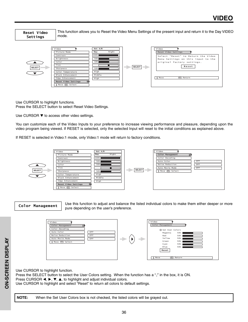 Video, On-screen displa y | Hitachi 51G500S User Manual | Page 36 / 72