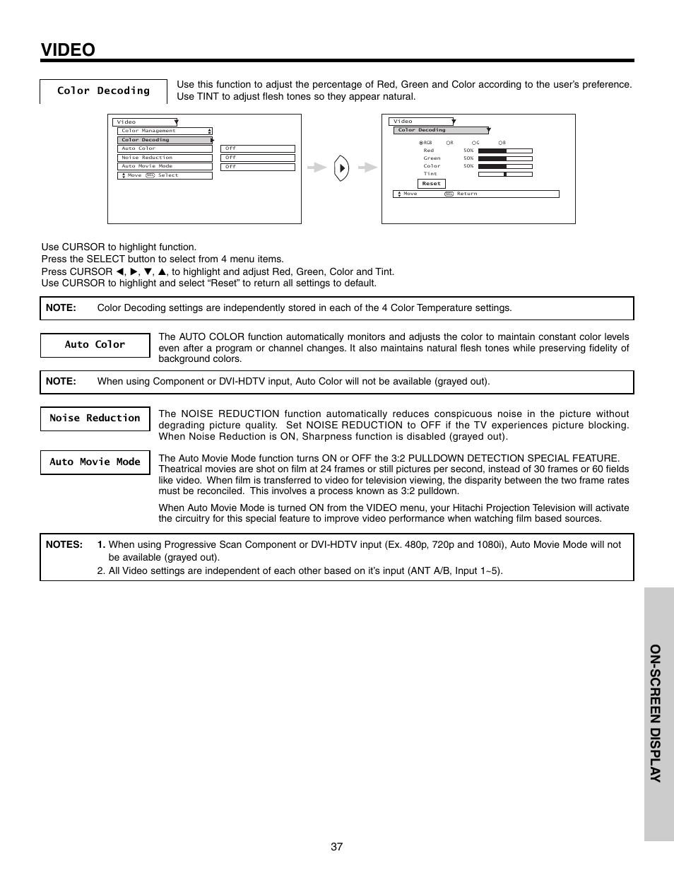 Video, On-screen displa y | Hitachi 51G500S User Manual | Page 37 / 72