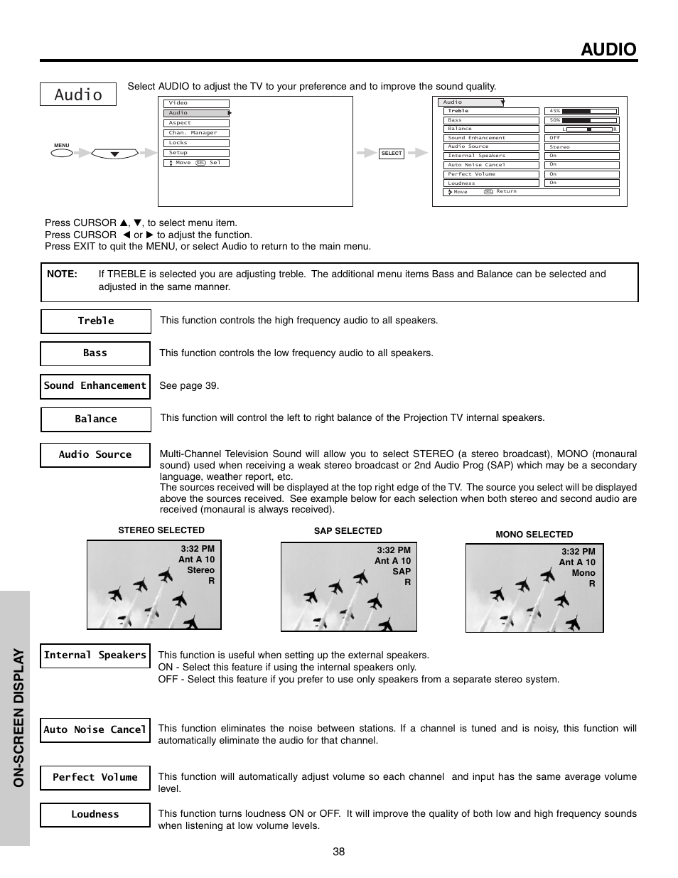 Audio, On-screen displa y | Hitachi 51G500S User Manual | Page 38 / 72