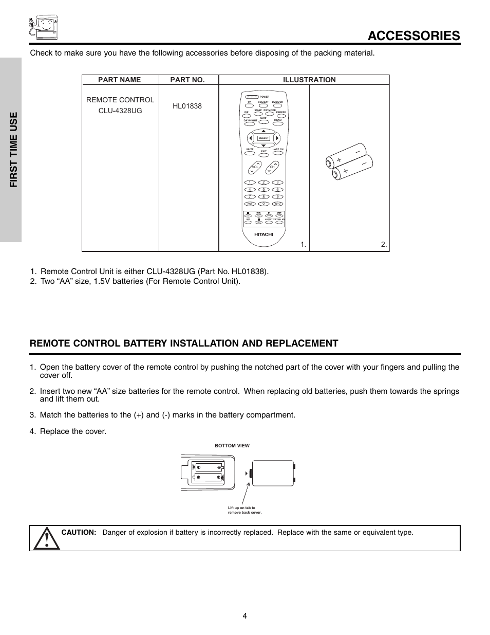 Accessories, First time use | Hitachi 51G500S User Manual | Page 4 / 72