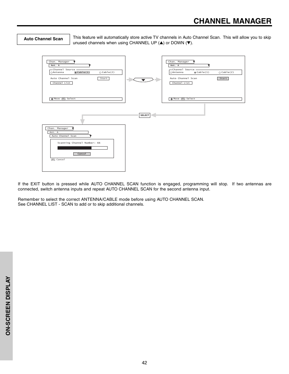 Channel manager, On-screen displa y | Hitachi 51G500S User Manual | Page 42 / 72