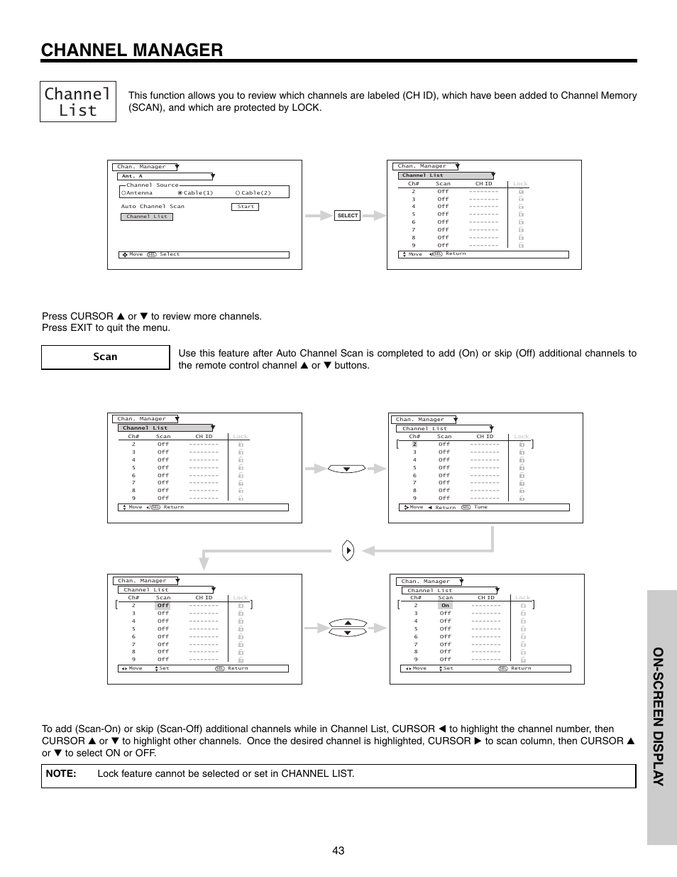 Channel manager, Channel list, On-screen displa y | Hitachi 51G500S User Manual | Page 43 / 72