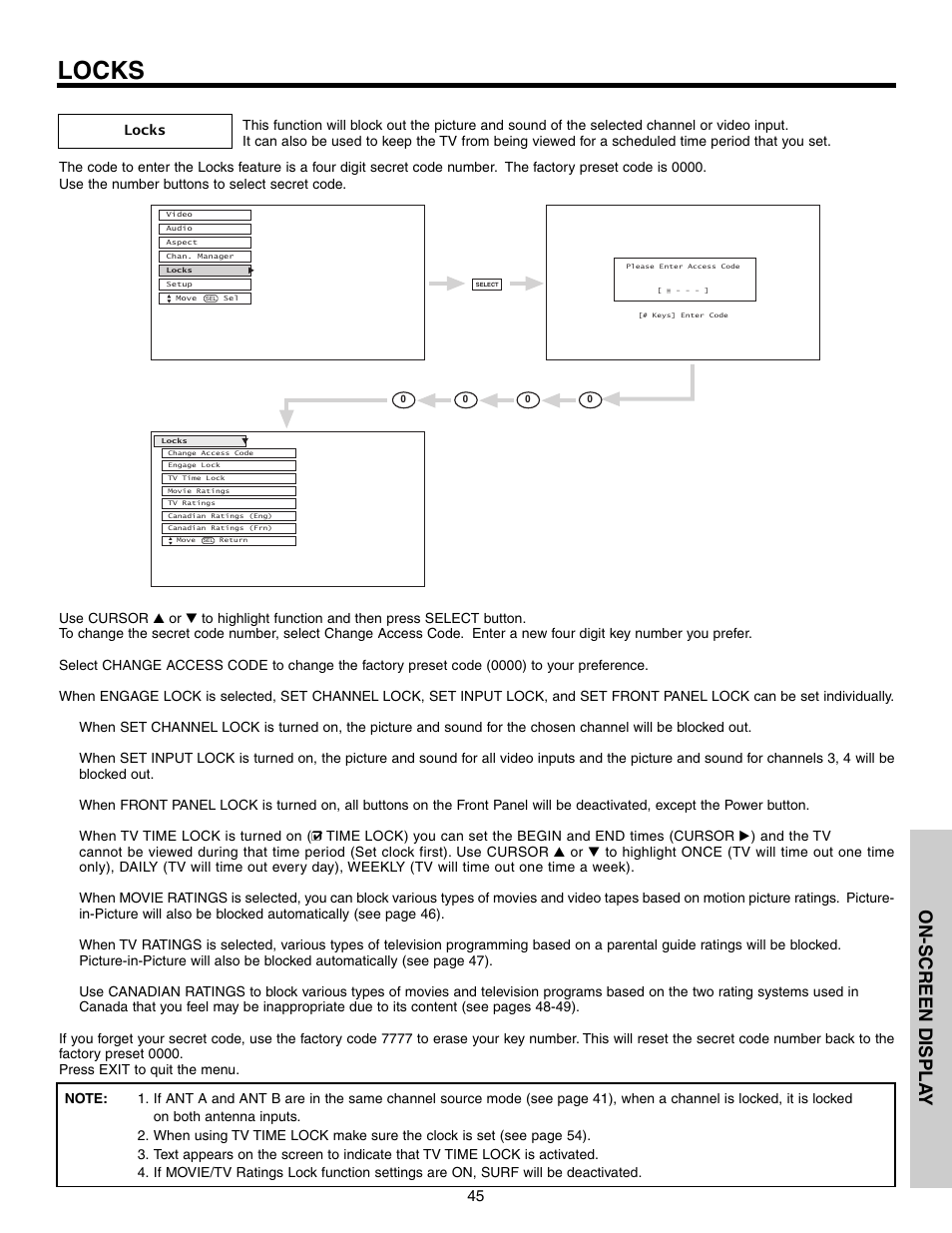 Locks, On-screen displa y | Hitachi 51G500S User Manual | Page 45 / 72