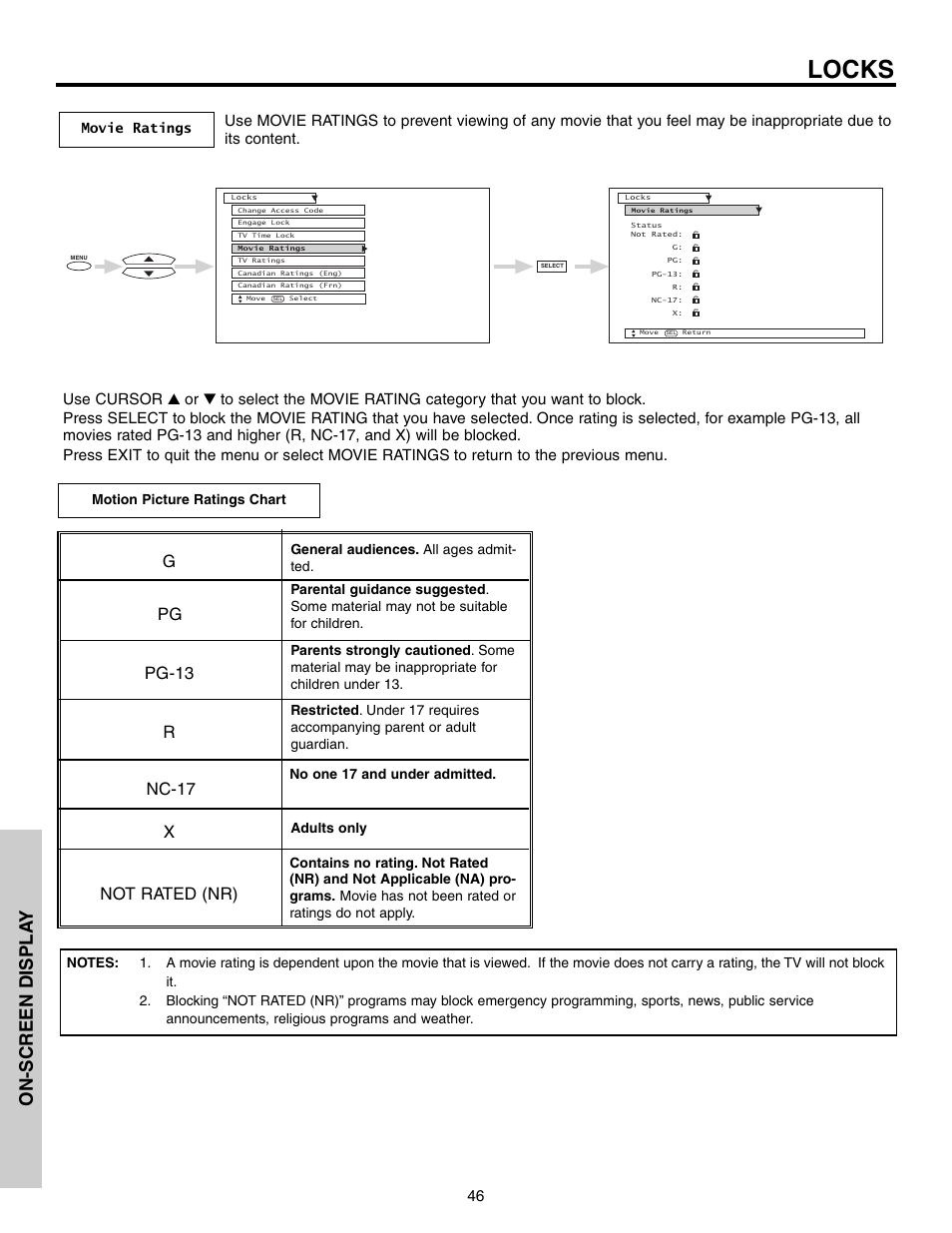 Locks, On-screen displa y, Gpg pg-13 r nc-17 x not rated (nr) | Hitachi 51G500S User Manual | Page 46 / 72