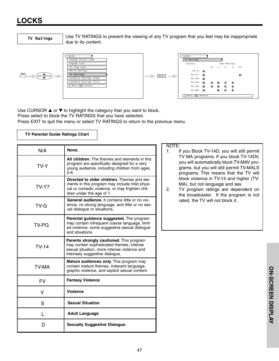 Locks, On-screen displa y, Tv-y tv-y7 tv-g tv-pg tv-14 tv-ma | Hitachi 51G500S User Manual | Page 47 / 72