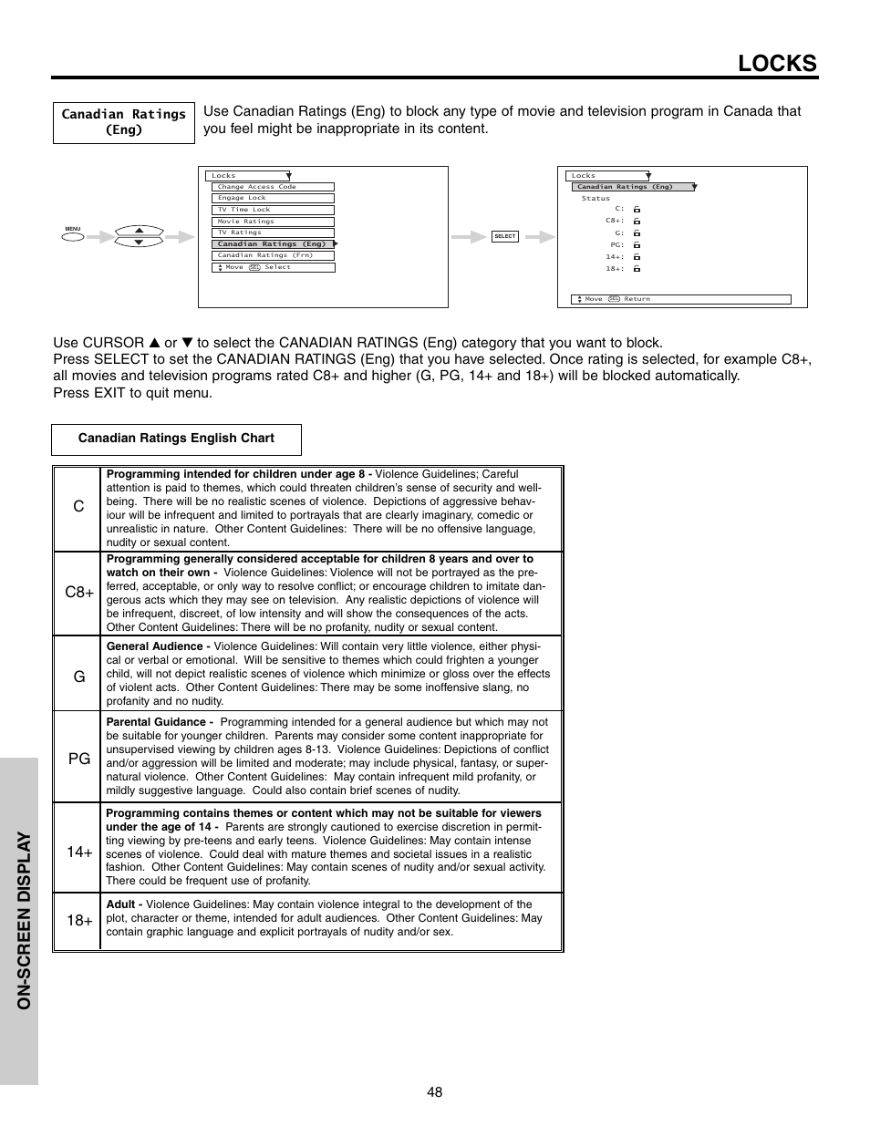 Locks, On-screen displa y | Hitachi 51G500S User Manual | Page 48 / 72