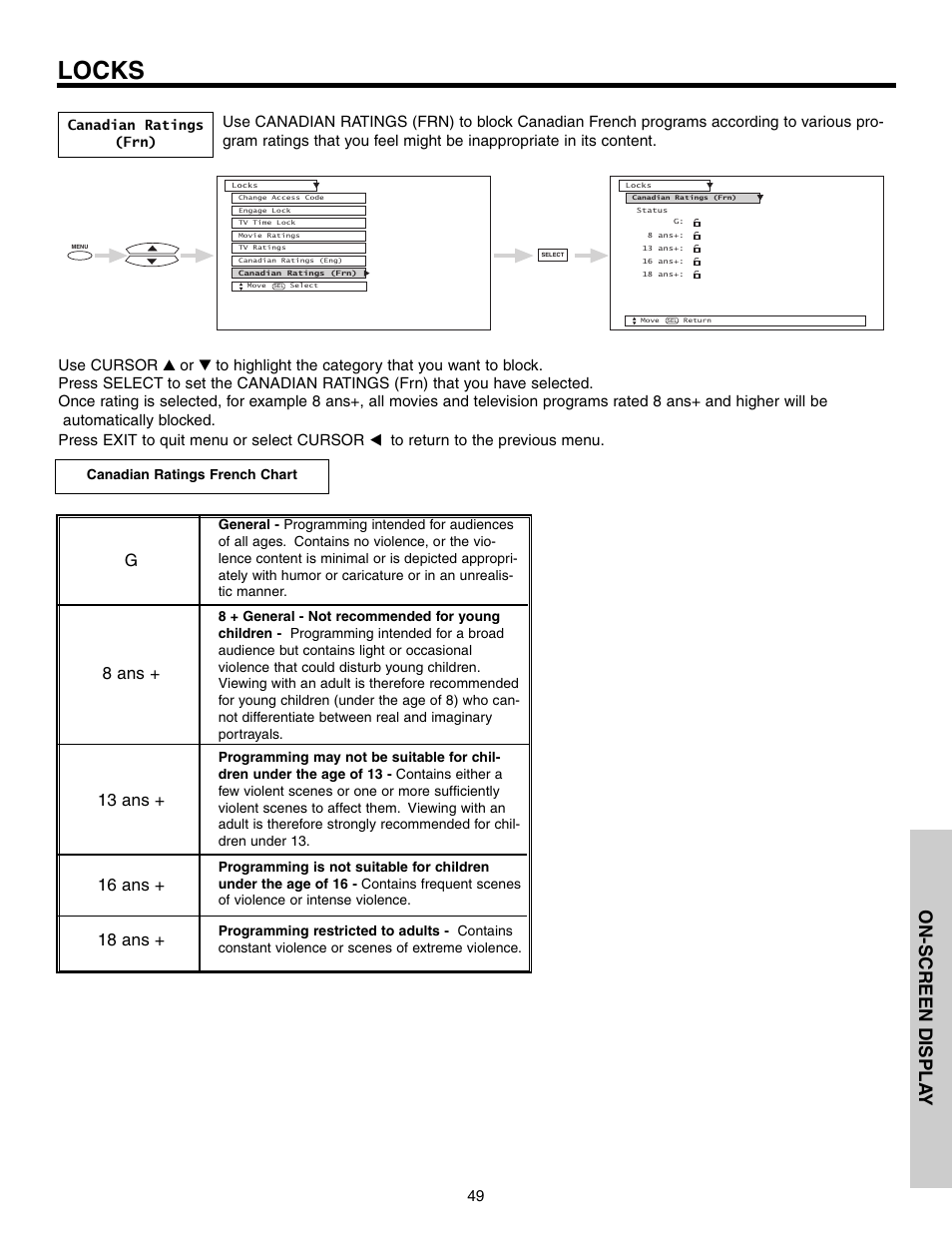 Locks, On-screen displa y | Hitachi 51G500S User Manual | Page 49 / 72