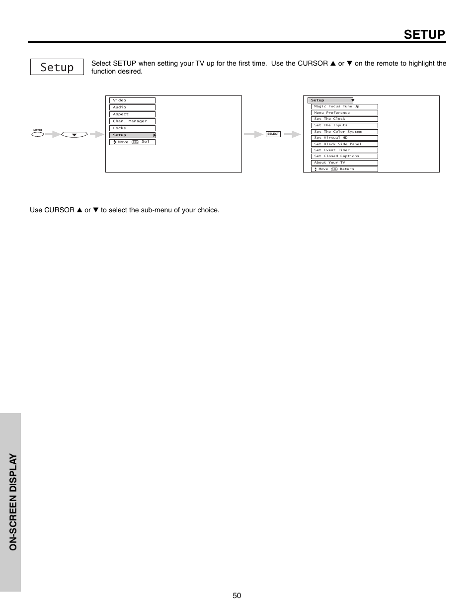 Setup, On-screen displa y | Hitachi 51G500S User Manual | Page 50 / 72