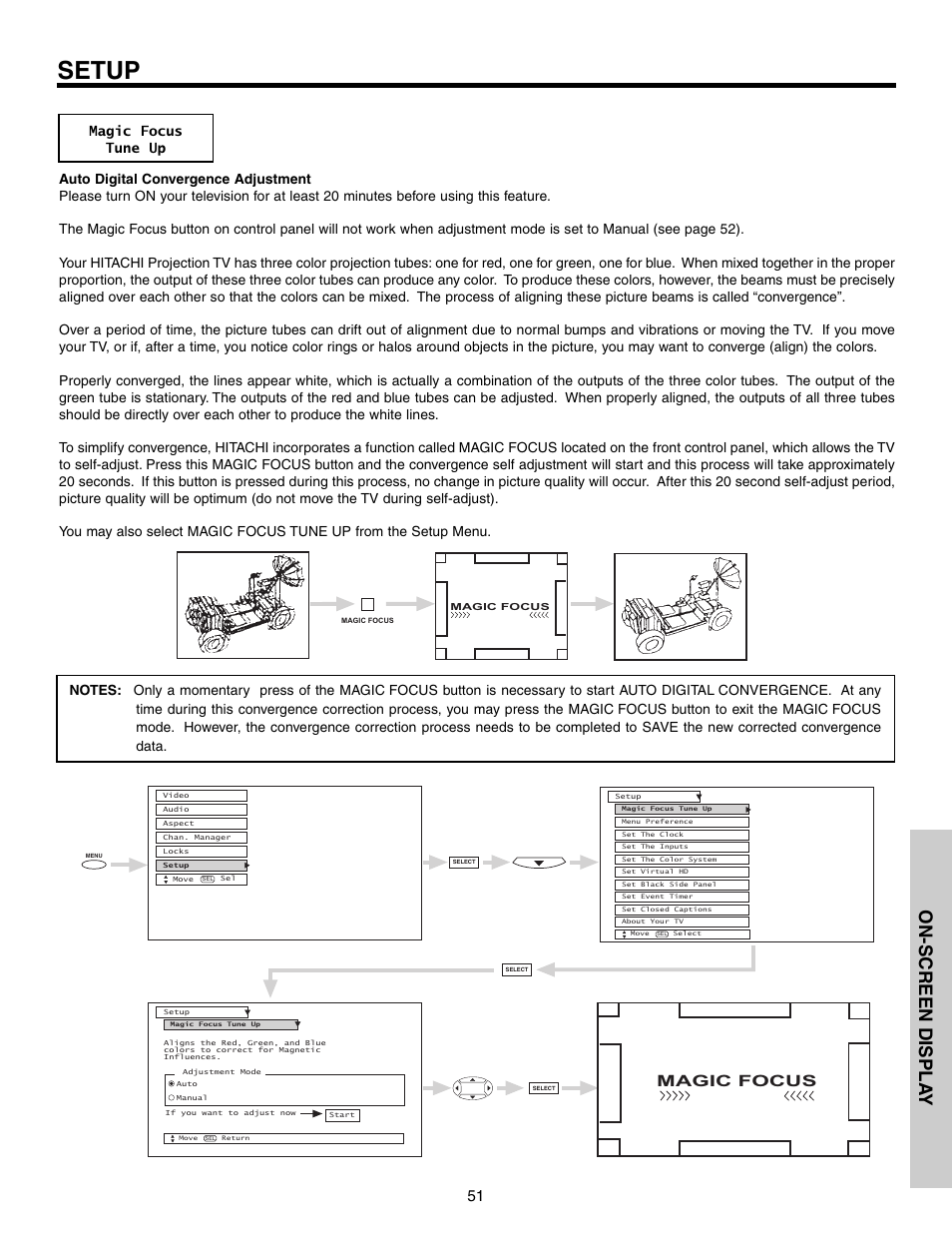 Setup, On-screen displa y, Magic focus | Hitachi 51G500S User Manual | Page 51 / 72