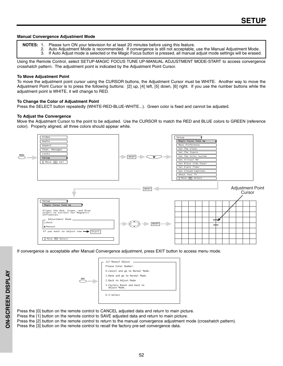 Setup, On-screen displa y, Adjustment point cursor | Hitachi 51G500S User Manual | Page 52 / 72