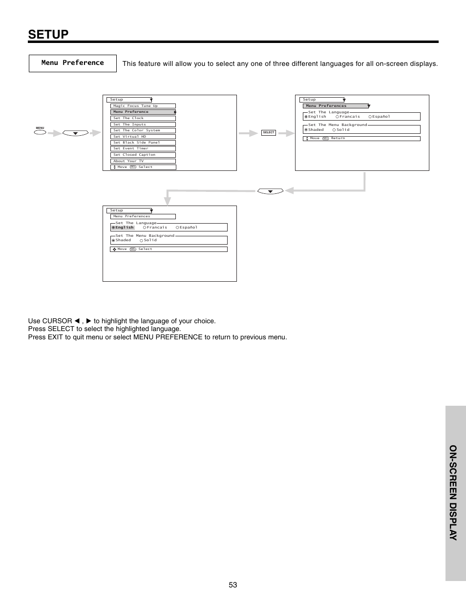 Setup, On-screen displa y | Hitachi 51G500S User Manual | Page 53 / 72