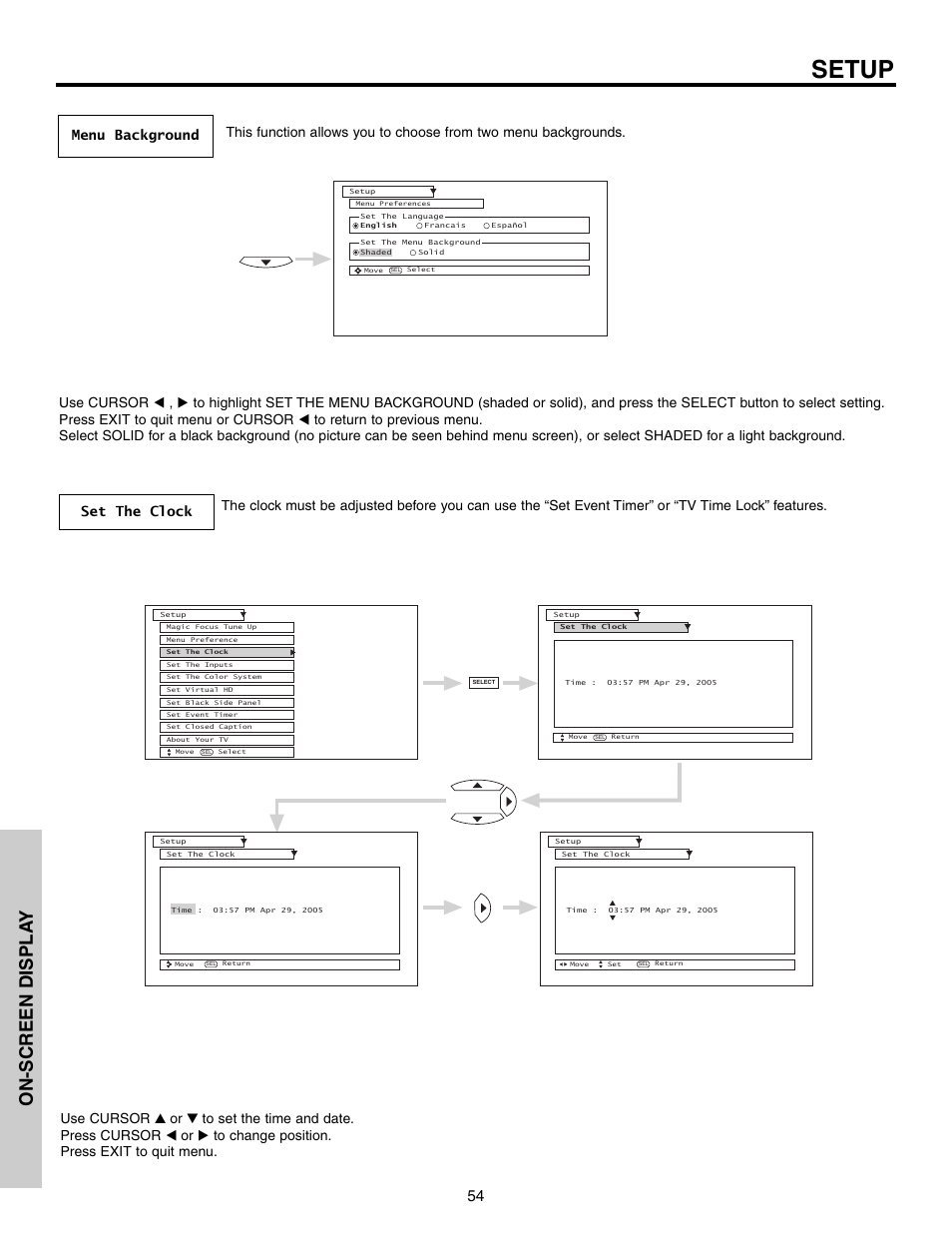 Setup, On-screen displa y | Hitachi 51G500S User Manual | Page 54 / 72