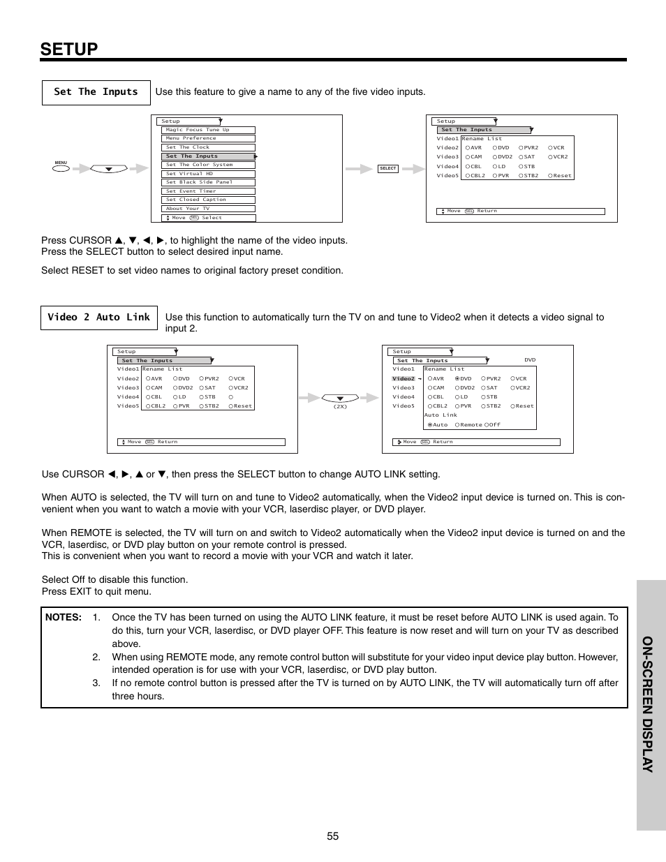 Setup, On-screen displa y | Hitachi 51G500S User Manual | Page 55 / 72