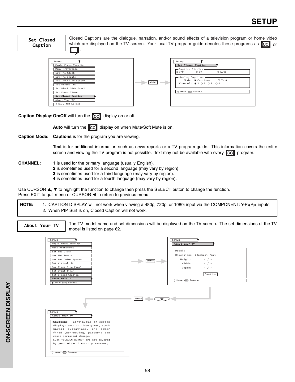 Setup, On-screen displa y, Set closed caption | Hitachi 51G500S User Manual | Page 58 / 72