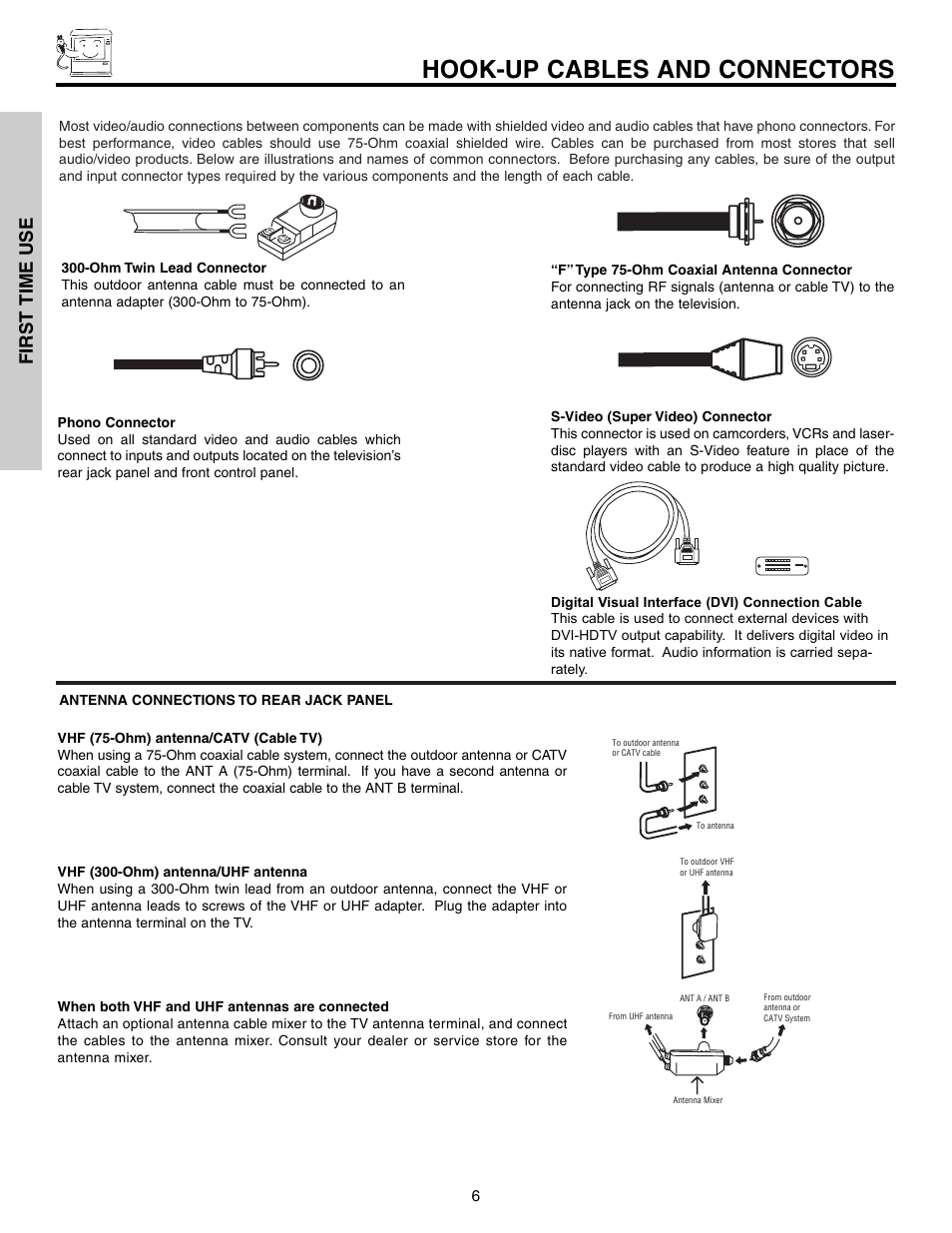 Hook-up cables and connectors, First time use | Hitachi 51G500S User Manual | Page 6 / 72