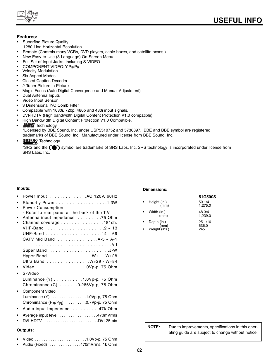 Useful info | Hitachi 51G500S User Manual | Page 62 / 72