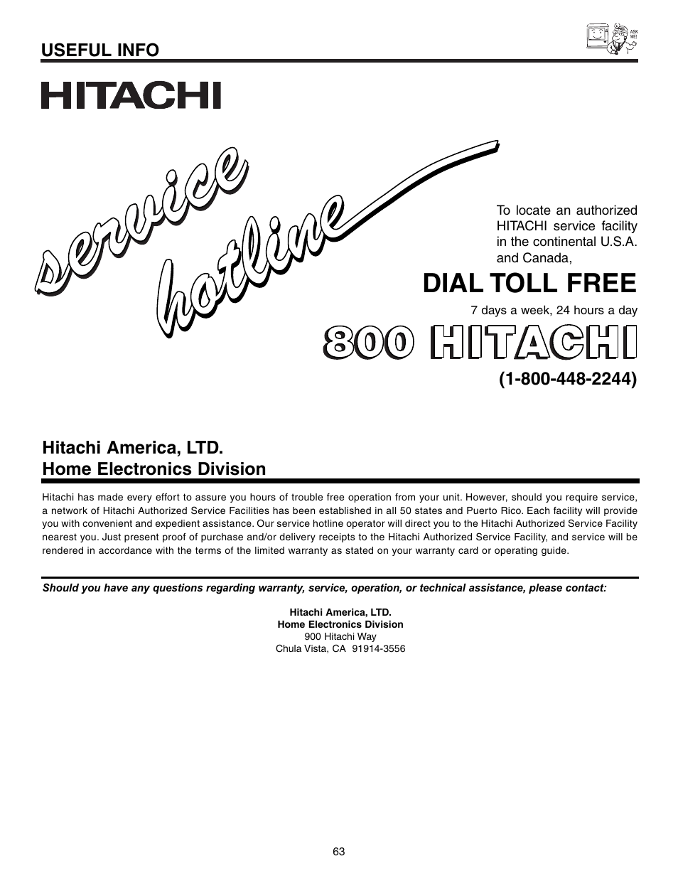 Dial toll free, Useful info, Hitachi america, ltd. home electronics division | Hitachi 51G500S User Manual | Page 63 / 72