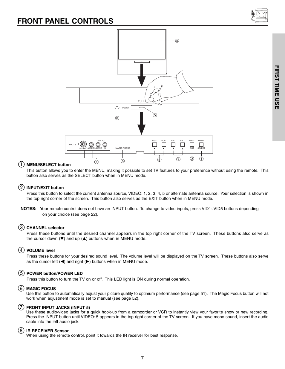 Front panel controls, First time use | Hitachi 51G500S User Manual | Page 7 / 72