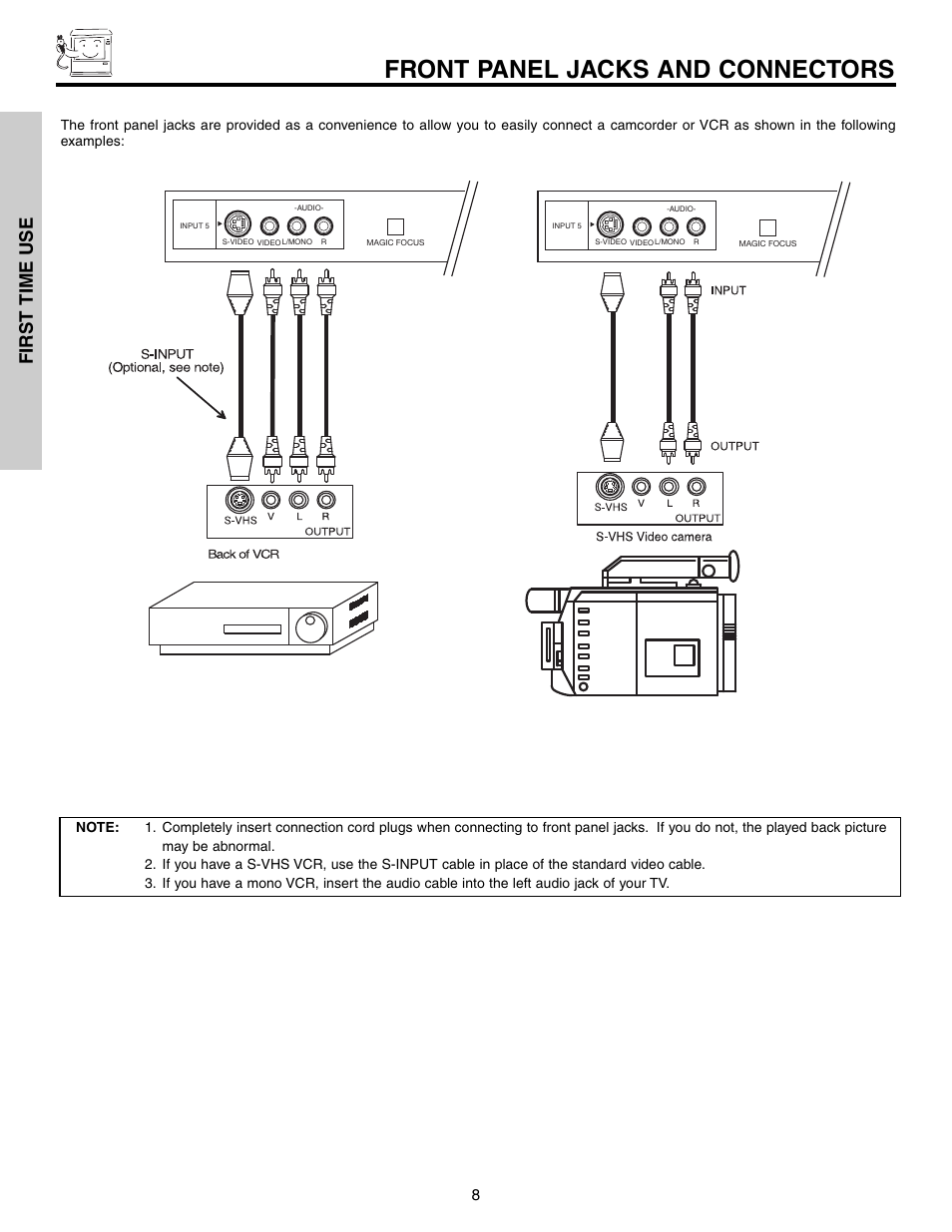 Front panel jacks and connectors, First time use | Hitachi 51G500S User Manual | Page 8 / 72