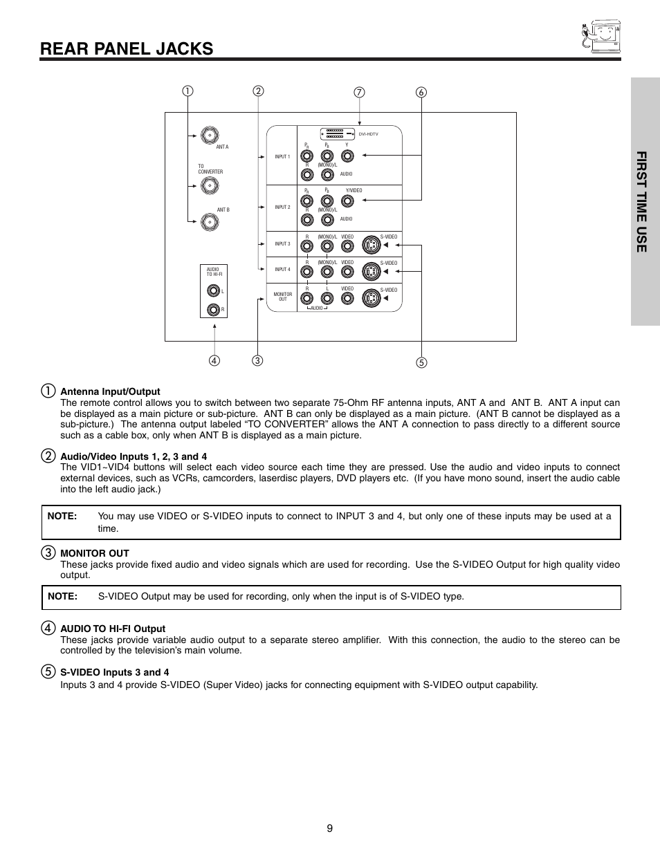Rear panel jacks, First time use | Hitachi 51G500S User Manual | Page 9 / 72