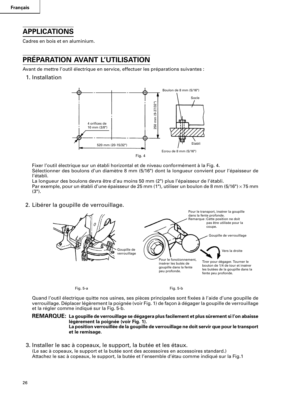 Applications, Préparation avant l’utilisation, Installation | Libérer la goupille de verrouillage, Remarque | Hitachi C 15FB User Manual | Page 26 / 54