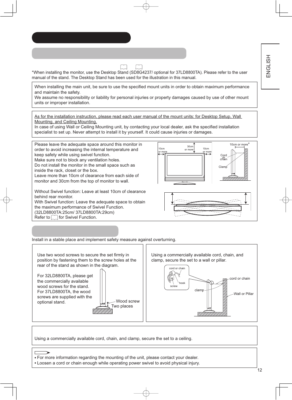 Anti-tumble measures, English, Read safety precautions | Carefully besides this page, Securing to a wall or pillar, Securing on desktop, Securing to ceiling | Hitachi 37LD8800TA User Manual | Page 13 / 62