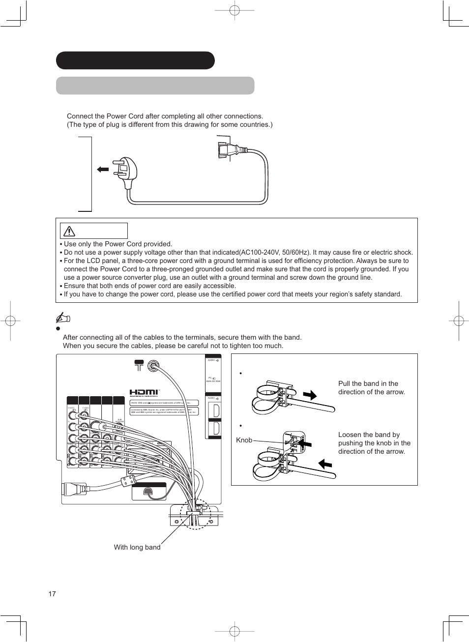 Caution, Connecting the plug into the wall socket, Information how to secure the cables | How to fasten the band | Hitachi 37LD8800TA User Manual | Page 18 / 62