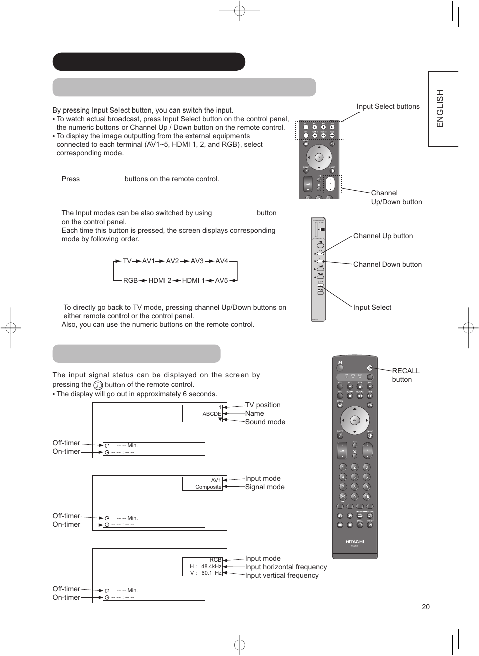 Input signal screen display, English | Hitachi 37LD8800TA User Manual | Page 21 / 62