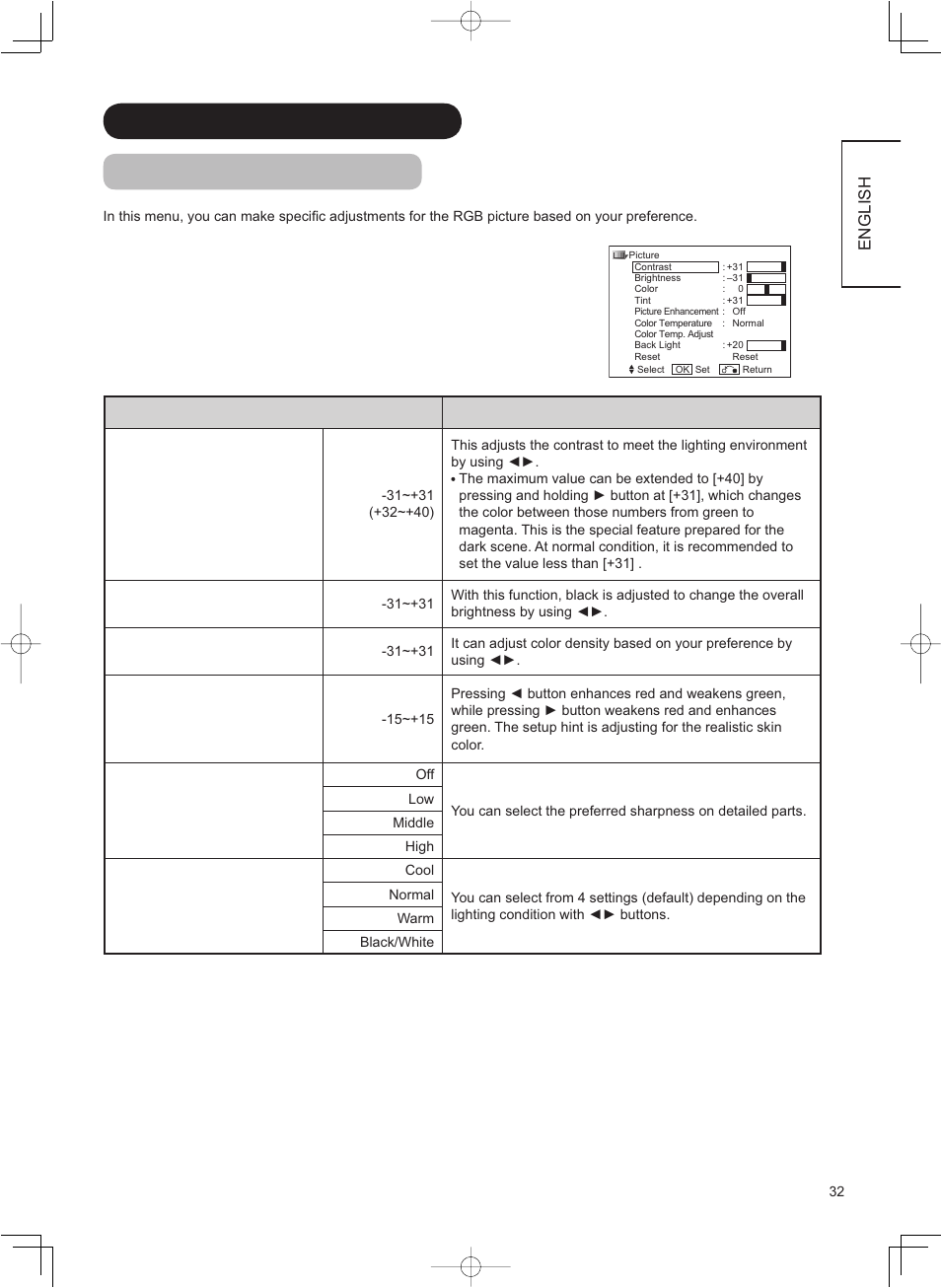 Menu operation (continued) picture menu (rgb mode), English | Hitachi 37LD8800TA User Manual | Page 33 / 62