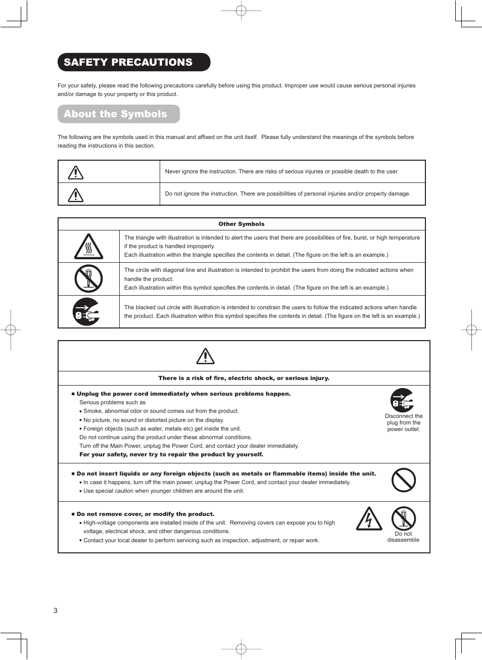 Warning, Caution, Safety precautions | About the symbols | Hitachi 37LD8800TA User Manual | Page 4 / 62