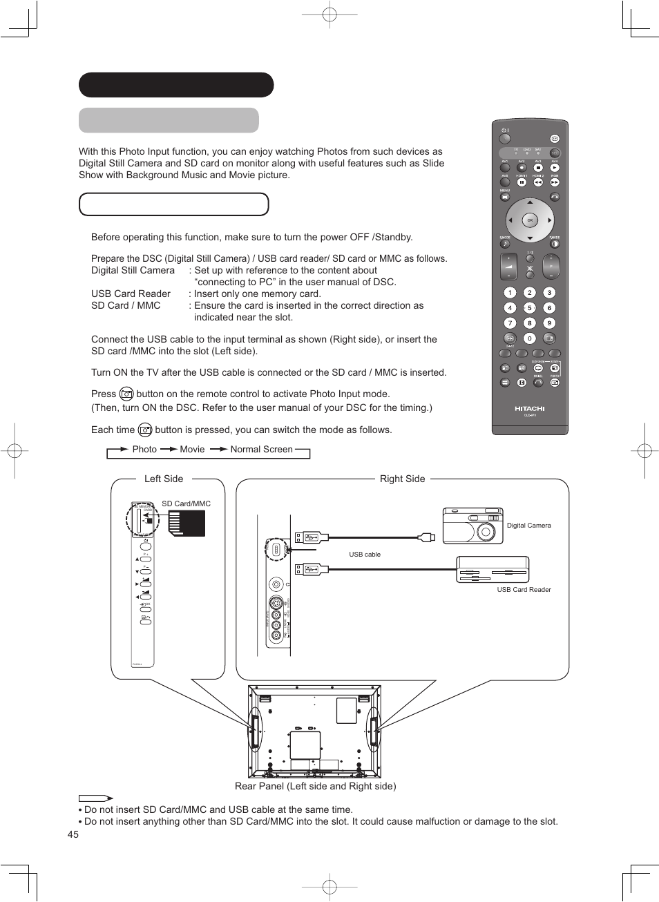 Function (continued) photo input function, Operating the photo input, Rear panel (left side and right side) | Left side, Right side | Hitachi 37LD8800TA User Manual | Page 46 / 62