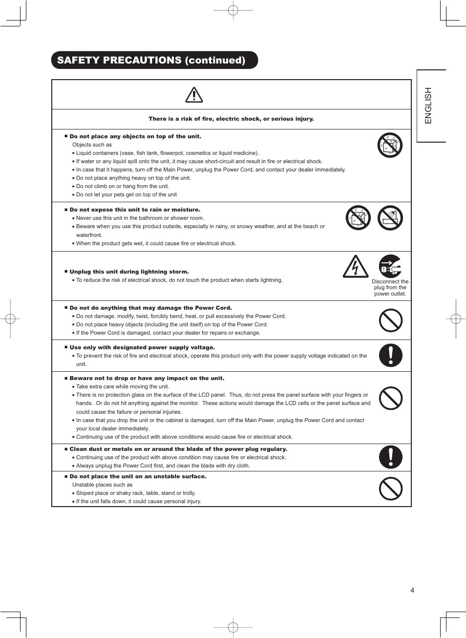 Warning, Safety precautions (continued), English | Hitachi 37LD8800TA User Manual | Page 5 / 62