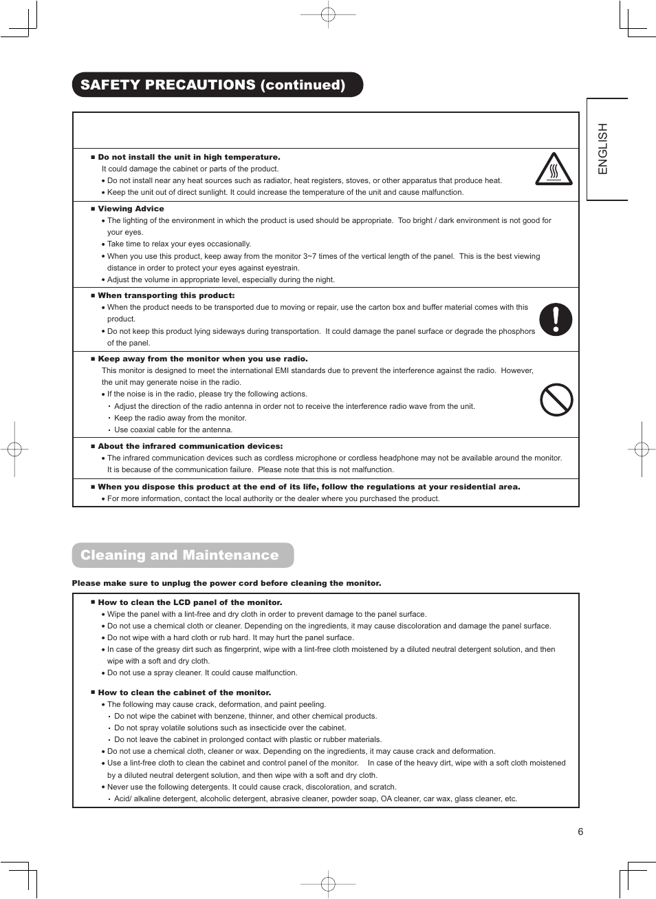 Precautions, Safety precautions (continued), Cleaning and maintenance | English | Hitachi 37LD8800TA User Manual | Page 7 / 62