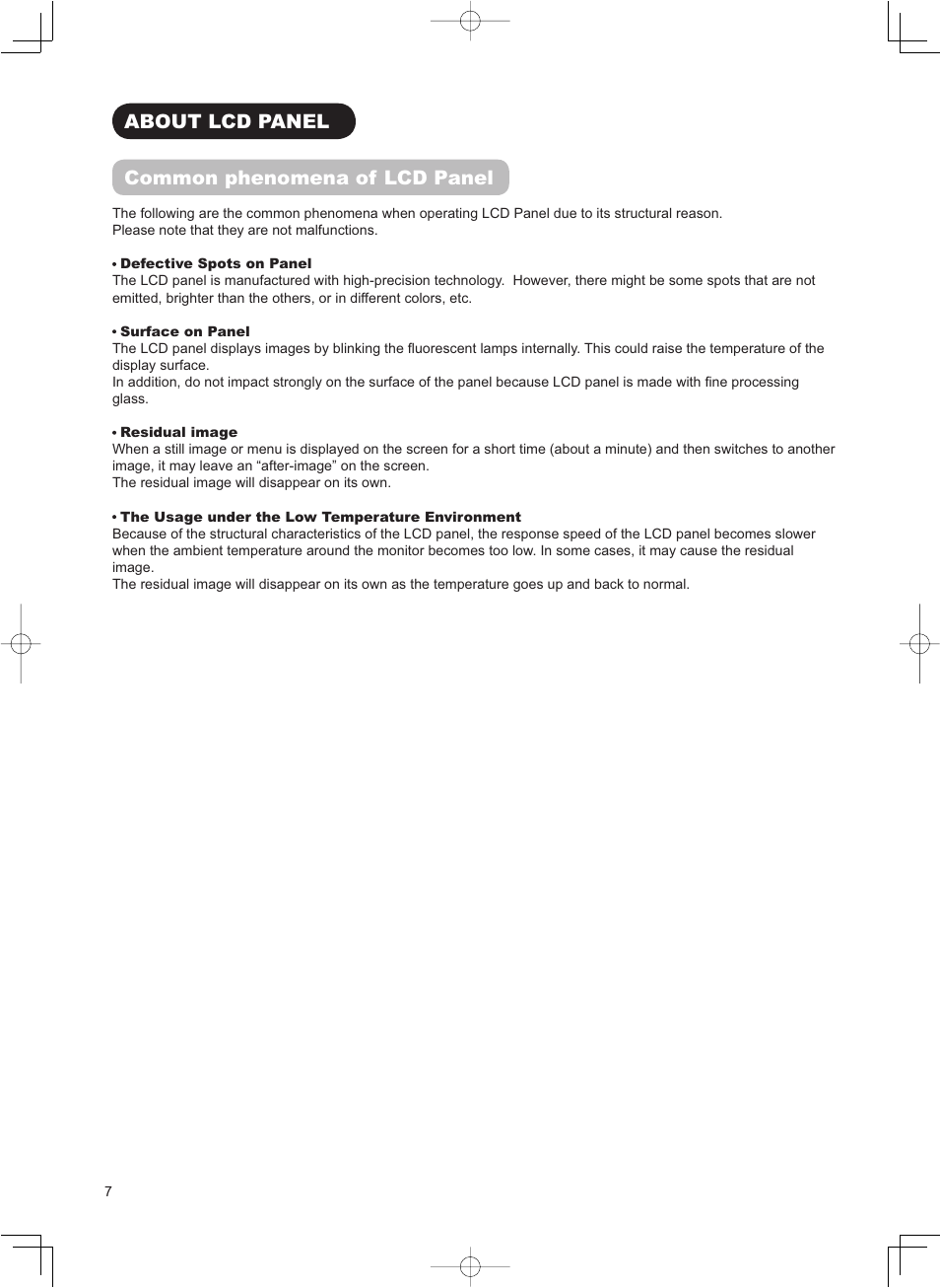 About lcd panel common phenomena of lcd panel | Hitachi 37LD8800TA User Manual | Page 8 / 62