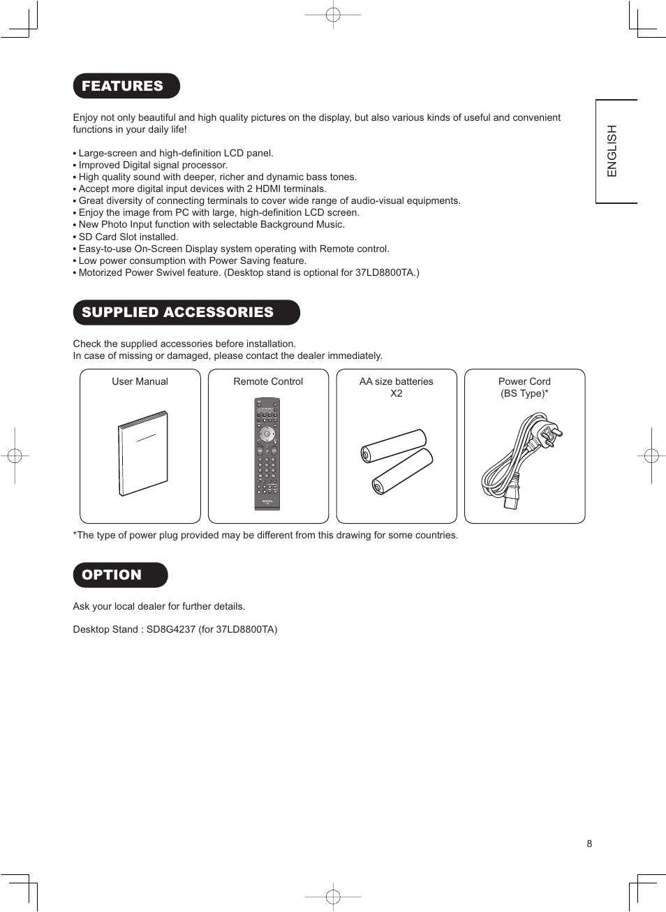 Features, Supplied accessories, Option | Hitachi 37LD8800TA User Manual | Page 9 / 62