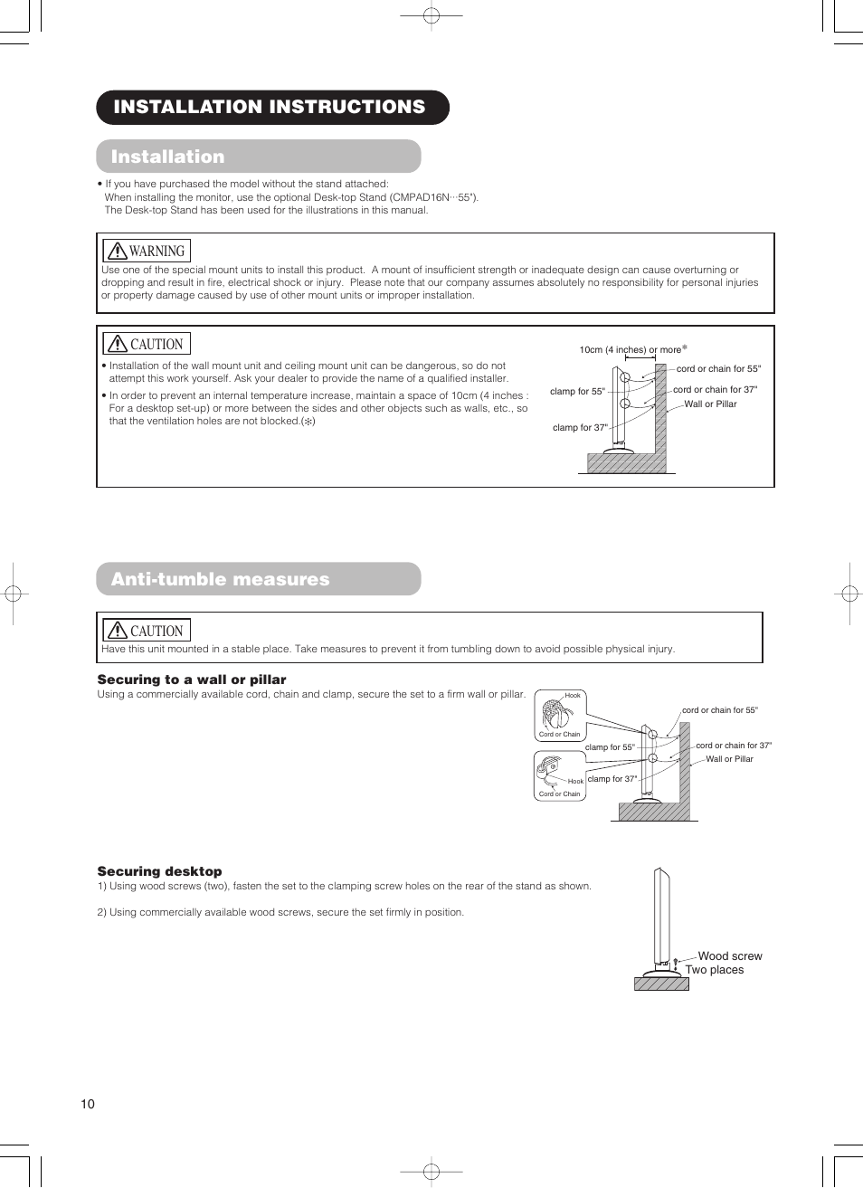 Anti-tumble measures, Installation instructions installation, Caution | Warning | Hitachi 55PD5000 User Manual | Page 12 / 60