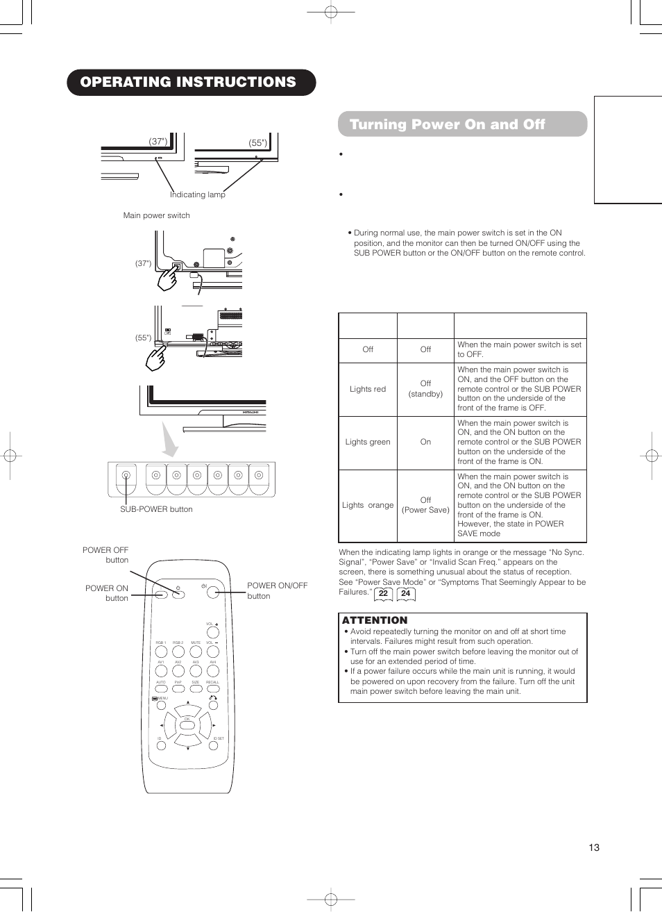 Operating instructions turning power on and off, English, Attention | Hitachi 55PD5000 User Manual | Page 15 / 60