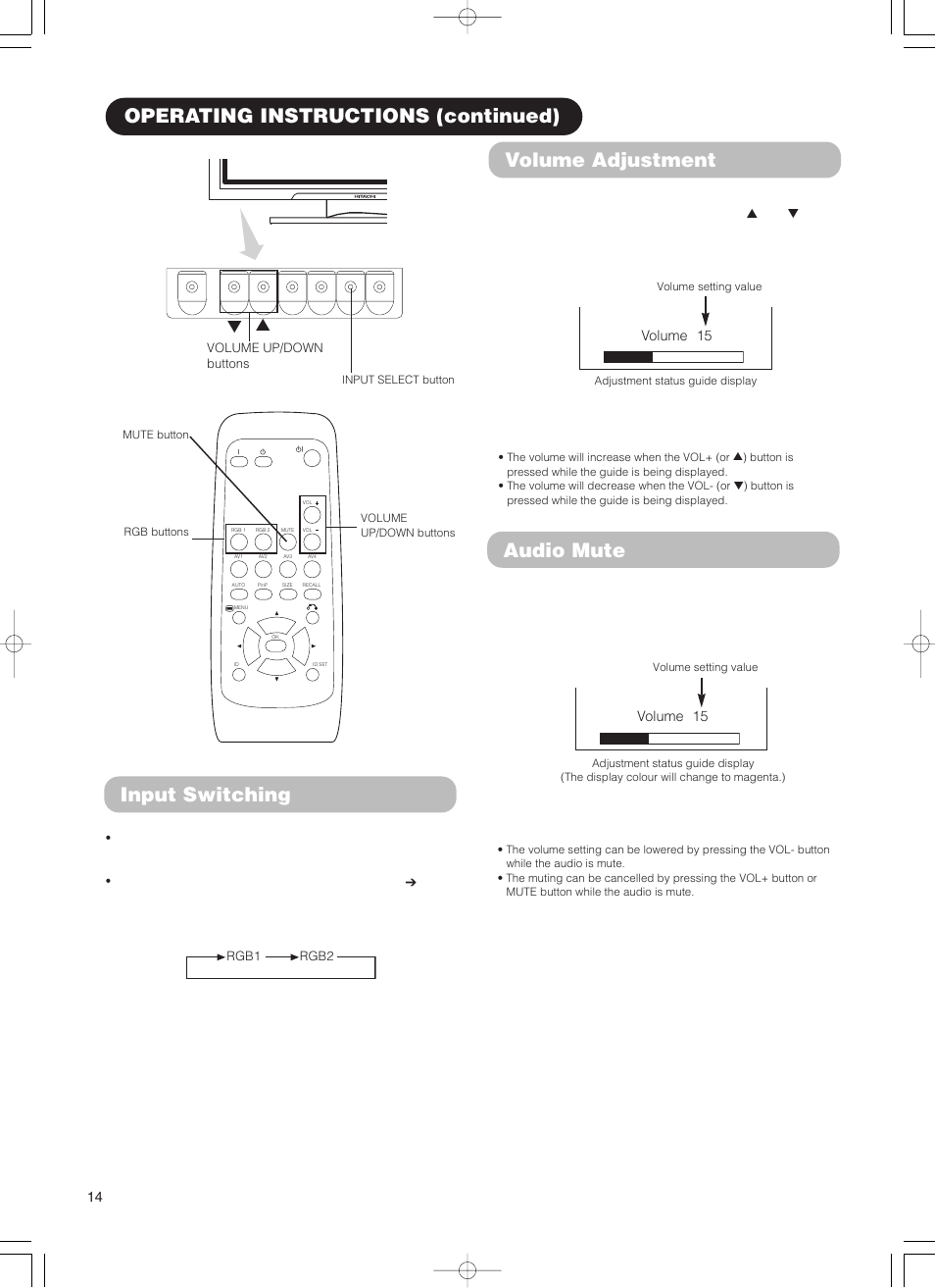 Operating instructions (continued) audio mute, Input switching, Volume adjustment | Hitachi 55PD5000 User Manual | Page 16 / 60