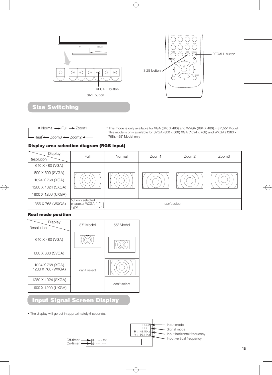 Size switching, Input signal screen display, English | Hitachi 55PD5000 User Manual | Page 17 / 60