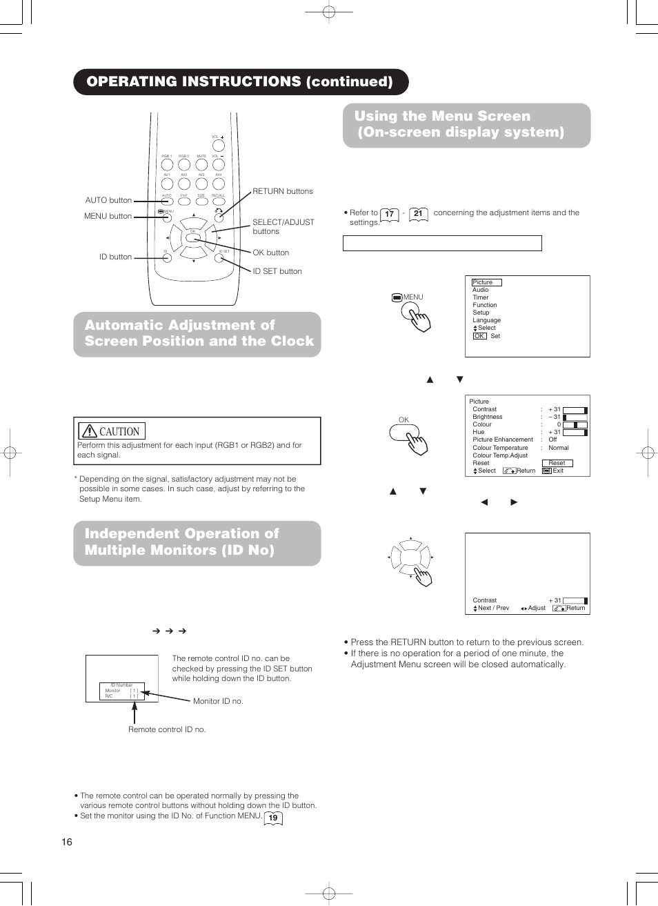 Using the menu screen (on-screen display system), Caution | Hitachi 55PD5000 User Manual | Page 18 / 60