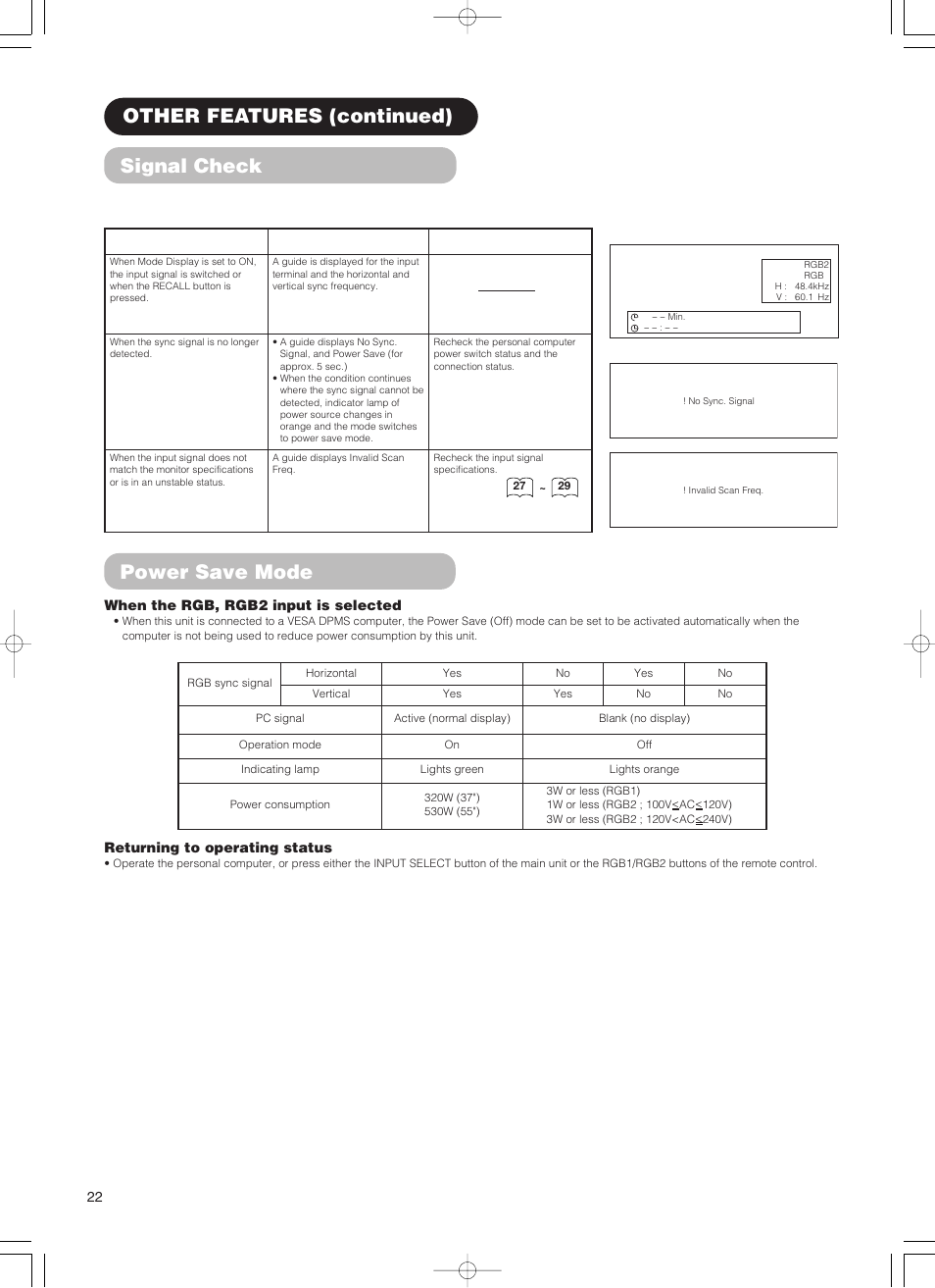 Signal check, Other features (continued), Power save mode | Hitachi 55PD5000 User Manual | Page 24 / 60