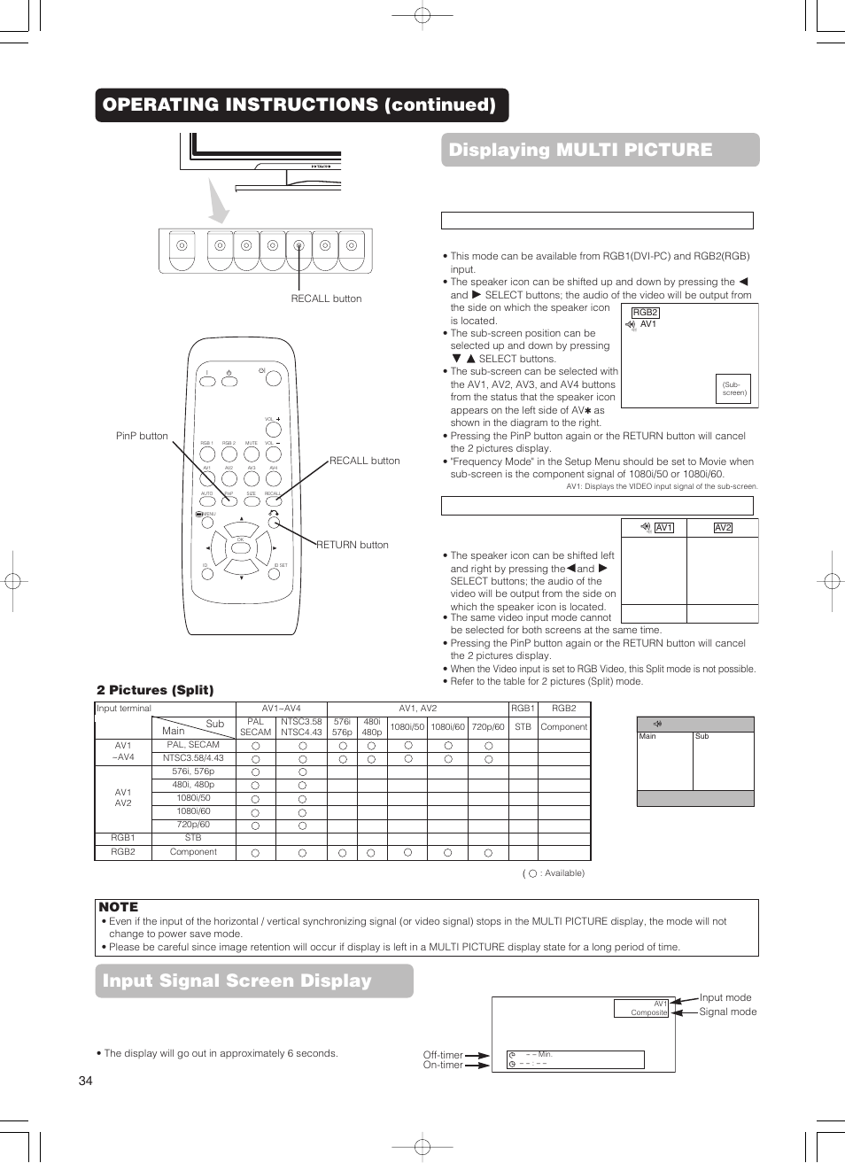 Input signal screen display, 2 pictures (split) | Hitachi 55PD5000 User Manual | Page 36 / 60