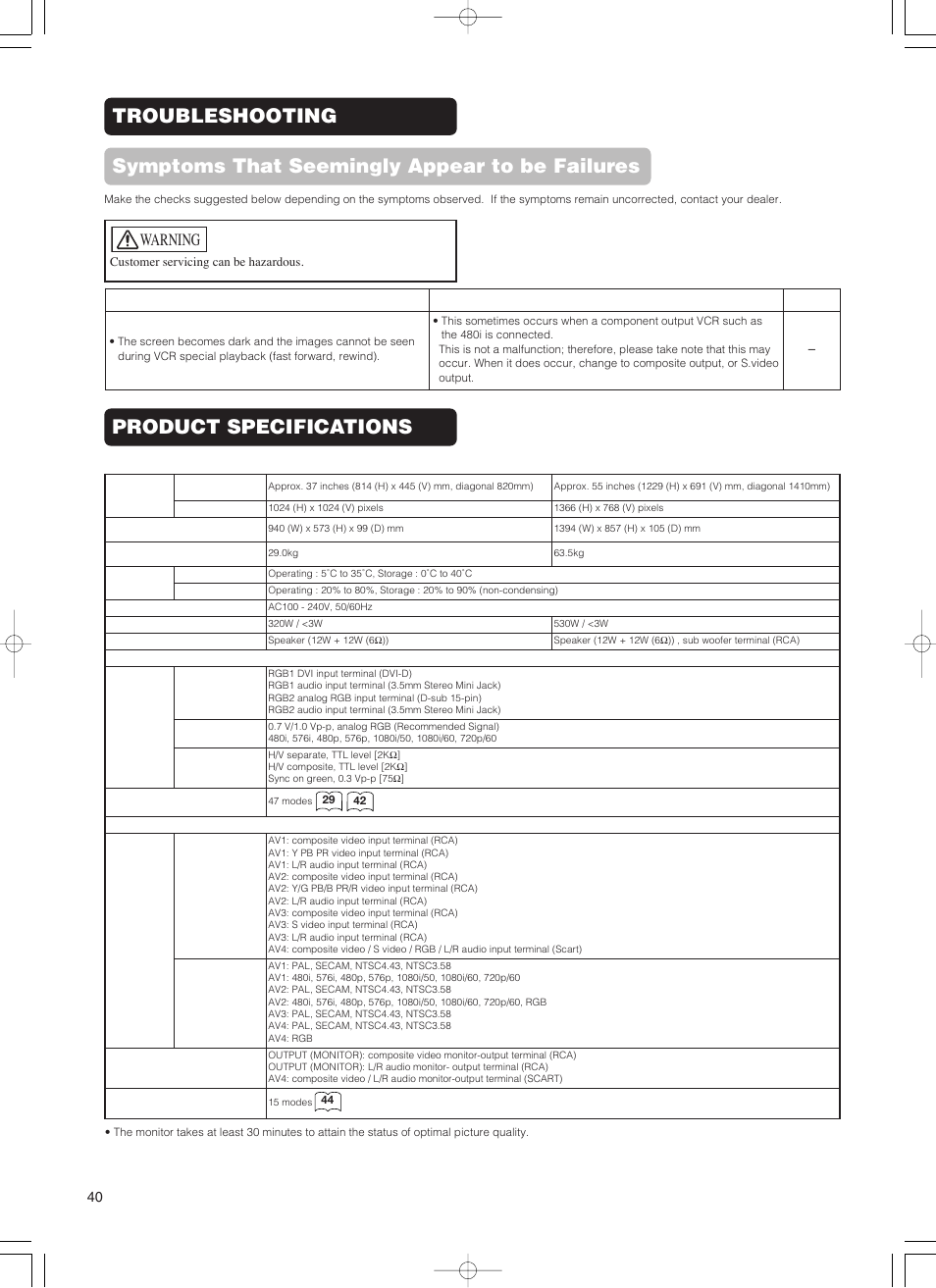 Product specifications, Warning | Hitachi 55PD5000 User Manual | Page 42 / 60