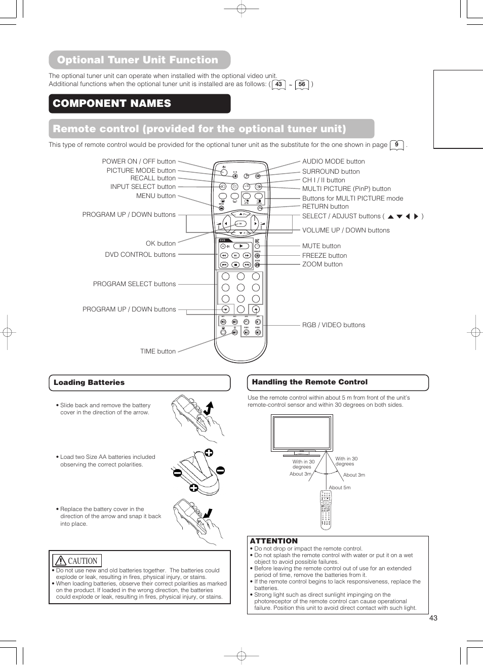 Optional tuner unit function, English, Caution | Hitachi 55PD5000 User Manual | Page 45 / 60