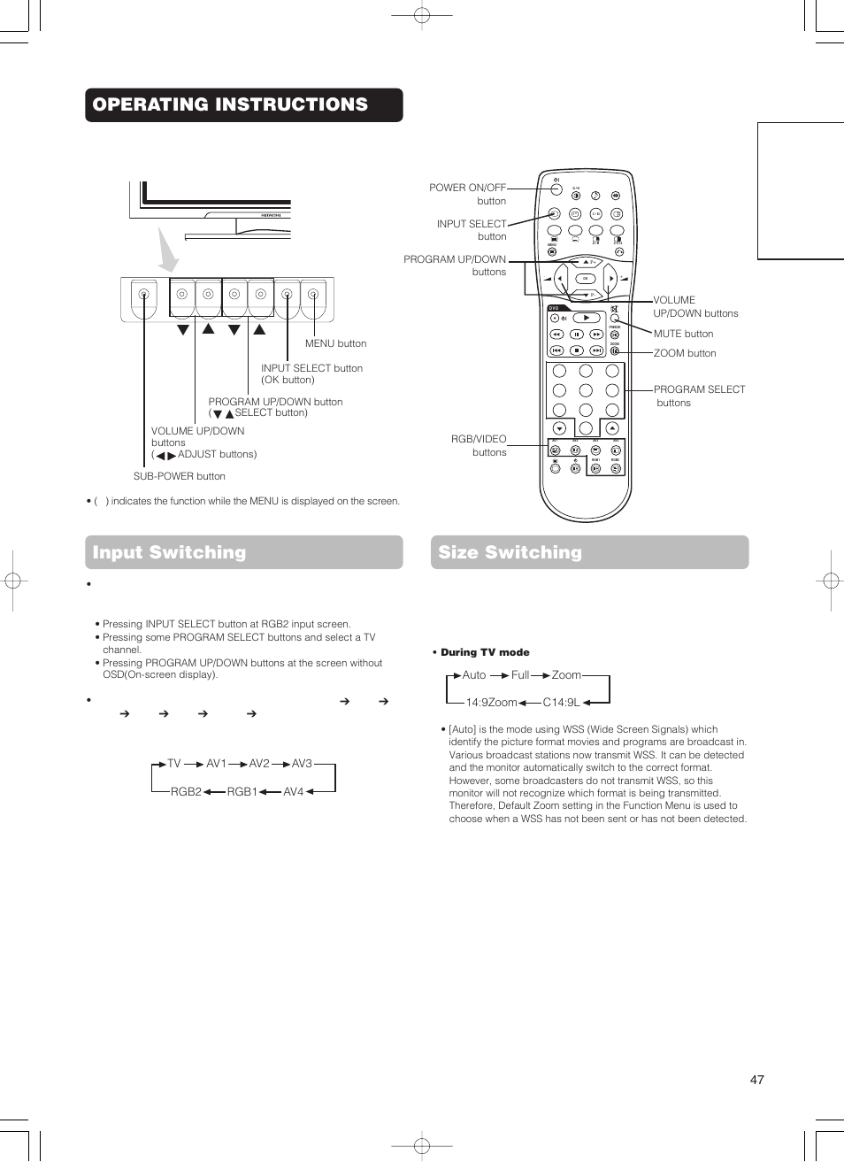 Operating instructions, Input switching size switching, English | Hitachi 55PD5000 User Manual | Page 49 / 60
