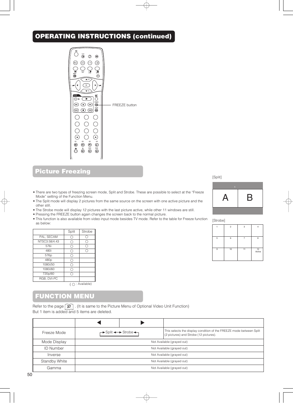 Operating instructions (continued), Picture freezing, Function menu | Freeze mode, Mode display, Id number, Inverse, Standby white, Gamma | Hitachi 55PD5000 User Manual | Page 52 / 60