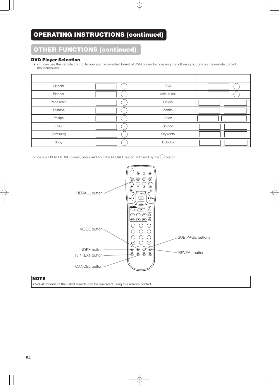 Operating instructions (continued), Other functions (continued) | Hitachi 55PD5000 User Manual | Page 56 / 60