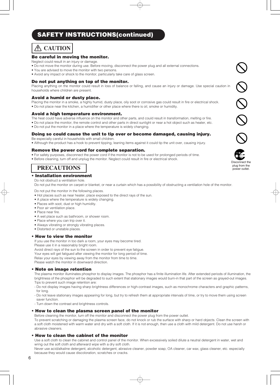 Precautions, Caution, Safety instructions(continued) | Hitachi 55PD5000 User Manual | Page 8 / 60