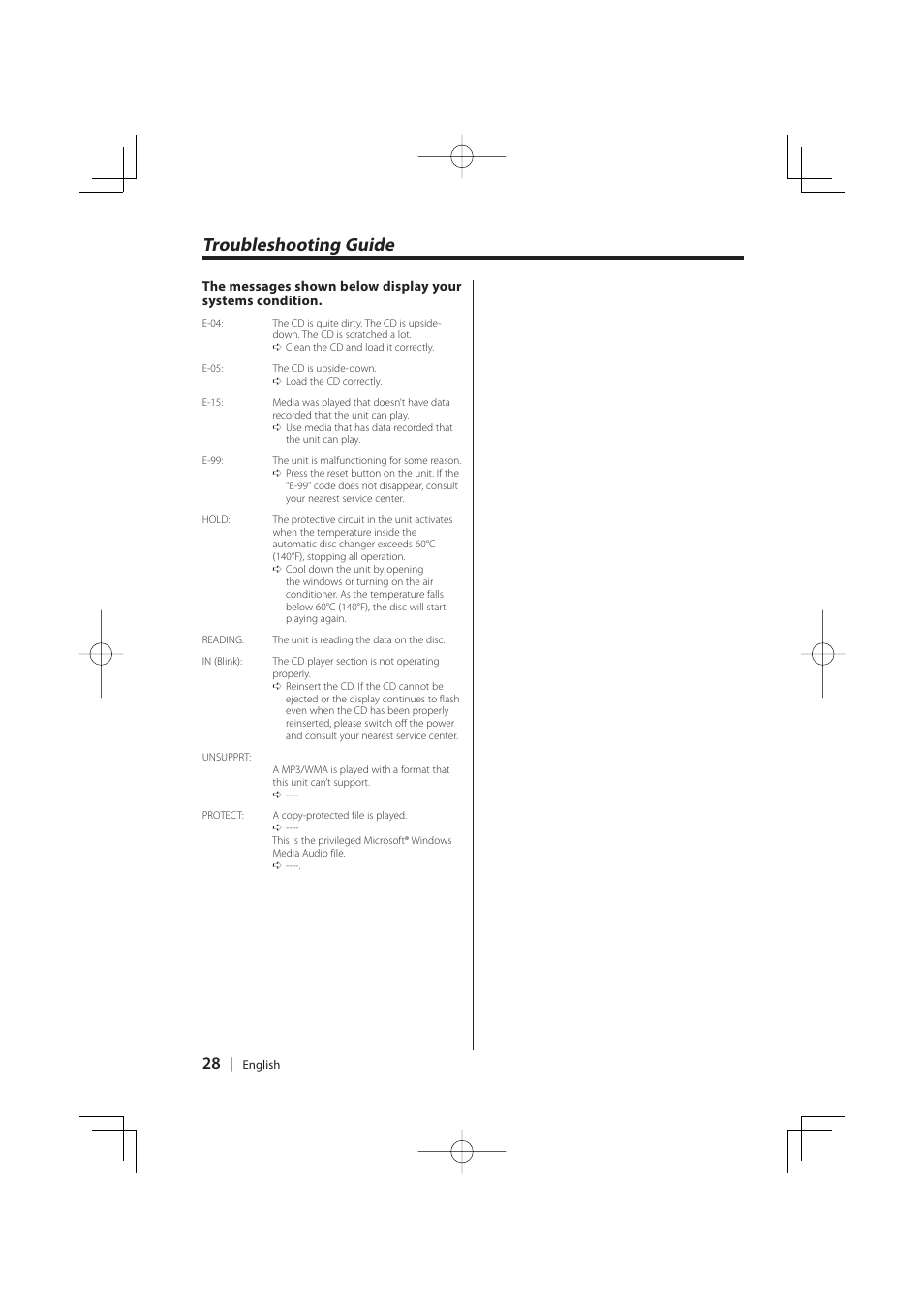 Troubleshooting guide | Kenwood KDC-W427 User Manual | Page 28 / 88